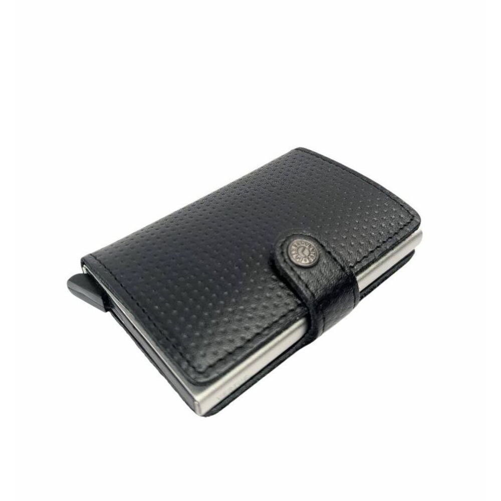 Vertue black & silver popup card button wallet with leather outer case